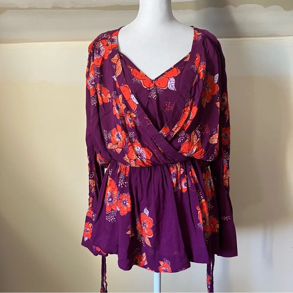 Free People Purple Tuscan Dreams Floral Printed Long Sleeve Tunic Blouse Small